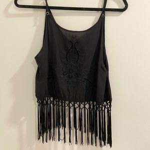 Black top with crochet details and string bottom